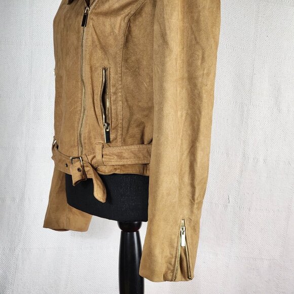 Wildflower Tan Poly Faux Suede Belted Cropped Moto Jacket with Gold Accents Sz M - Picture 11 of 16